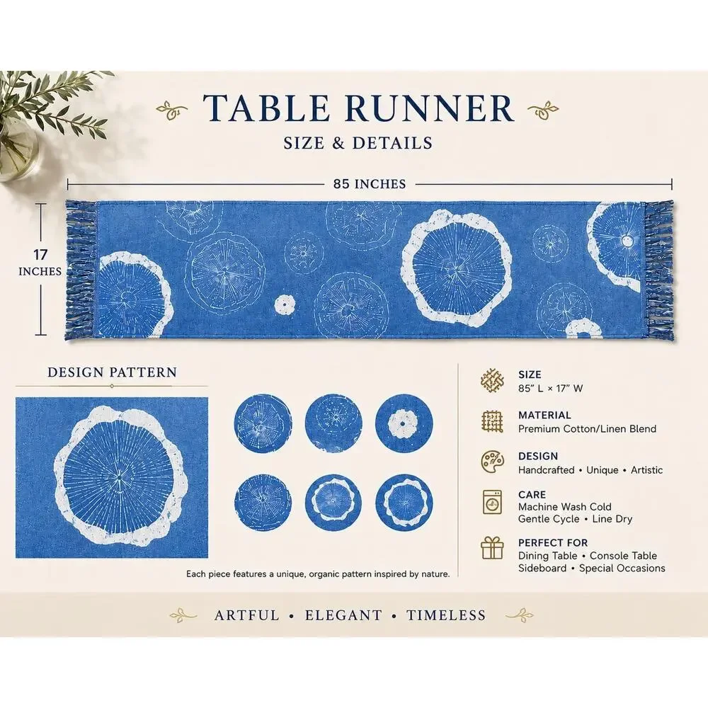Handmade Cotton Table Runner | Indigo Batik | Lotus Decor | Botanical Dining